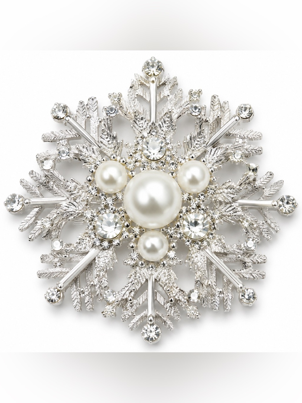 Pearl & Crystal Snowflake Brooch - Silver Tone